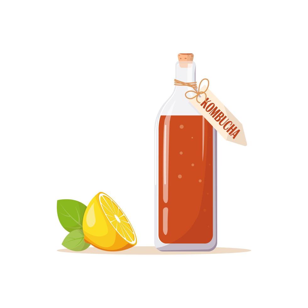Glass bottle of kombucha tea, label with an inscription, next to juicy lemon and green mint leaves. Mushroom, Fermented probiotic homemade tea vector