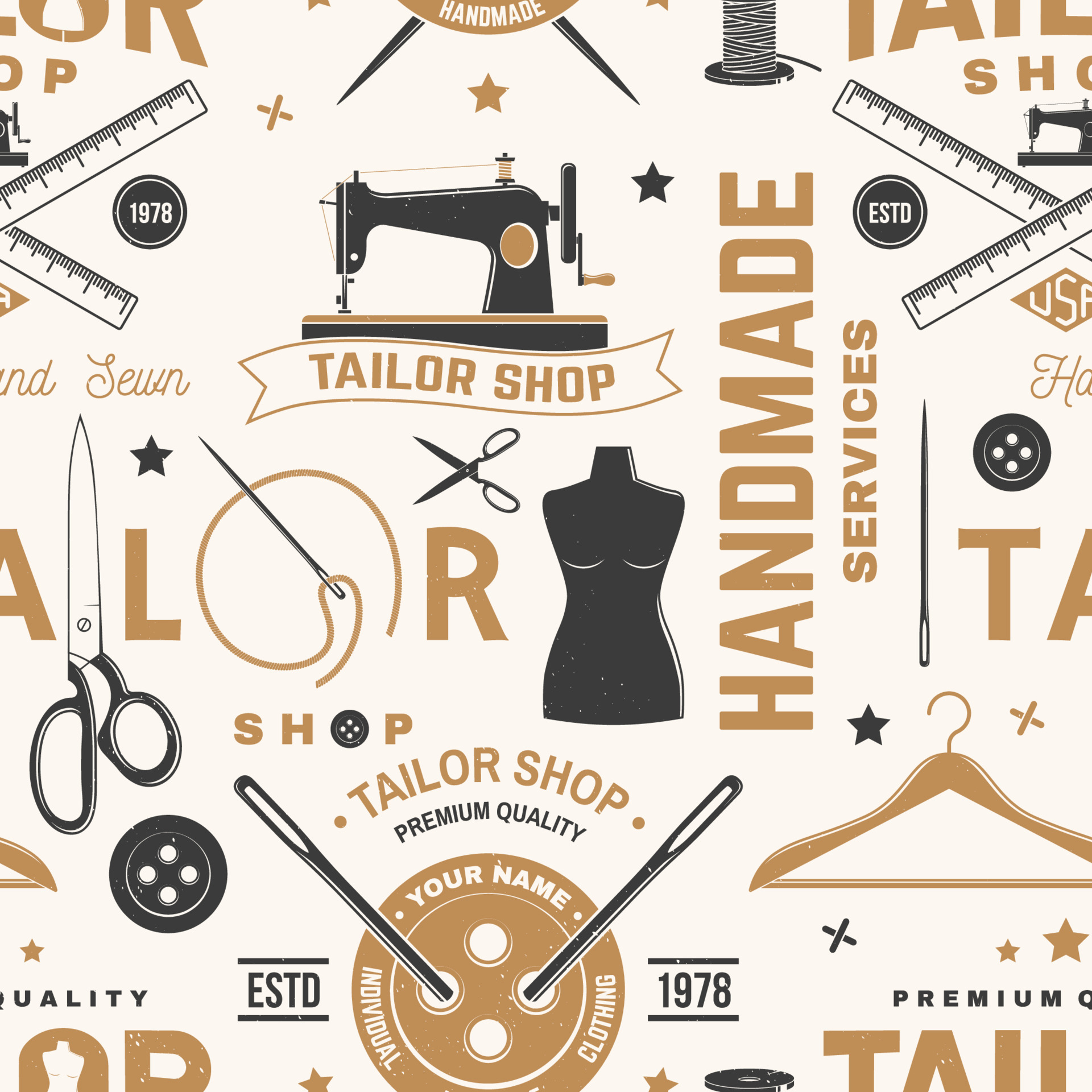 Tailor shop seamless pattern or background. Vector. Concept for sewing shop  business. Design with sewing accessories silhouette. 5842860 Vector Art at  Vecteezy