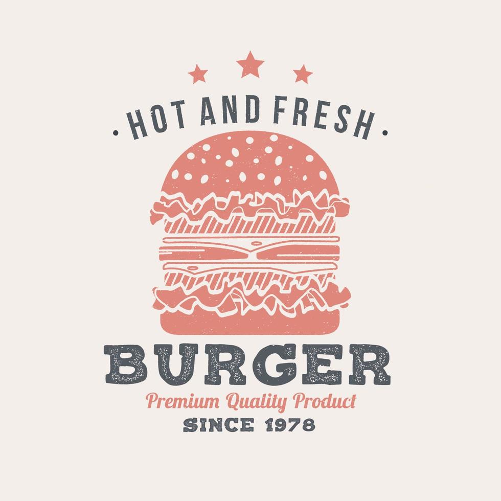 diseño de placa retro de hamburguesa caliente y fresca. vector. diseño vintage para cafetería, restaurante, pub o negocio de comida rápida. plantilla para objetos de identidad de restaurante, embalaje y menú vector