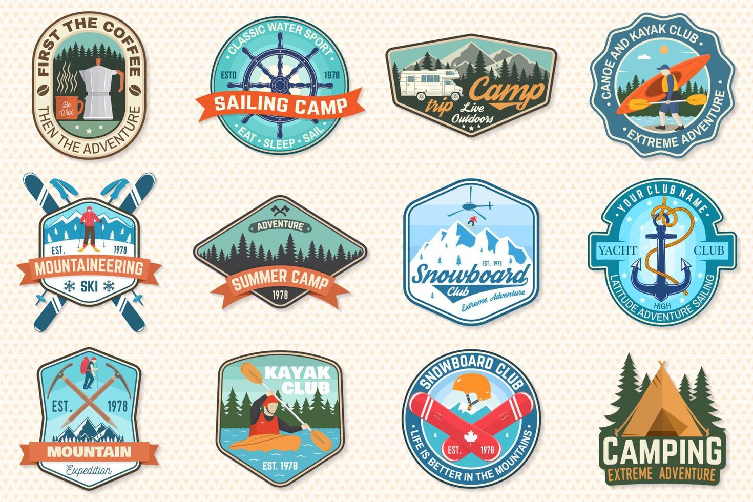 Set of sailing camp, canoe, snowboarding, climbing and kayak club patches. Vector. Concept for shirt, print, stamp or tee. Outdoor adventure patches. vector