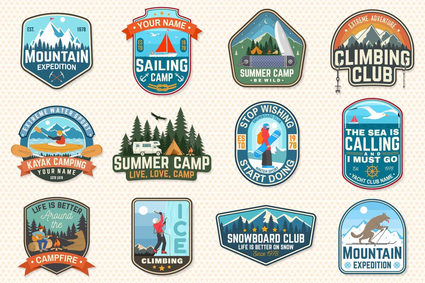 Set of sailing camp, canoe and kayak club patches. Vector. Concept for shirt, print, stamp or tee. Outdoor adventure patches. vector