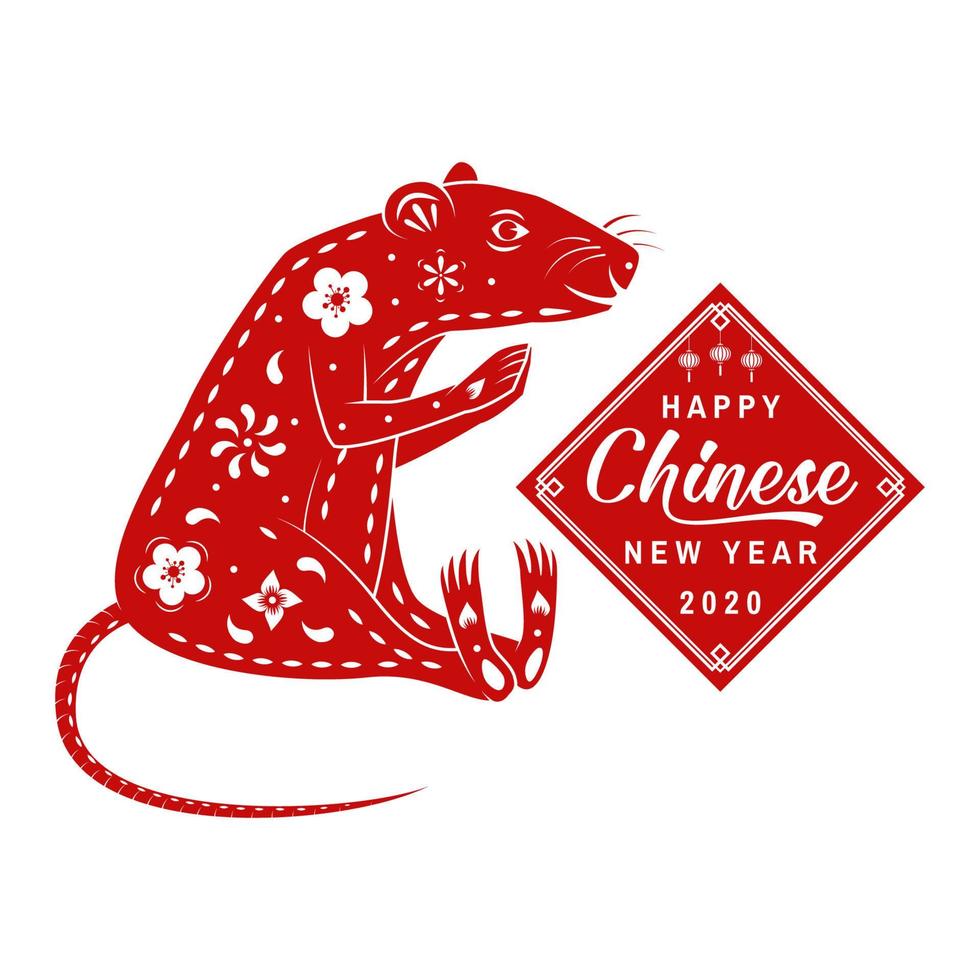 Happy Chinese New Year 2020 design. Vector. Chinese zodiac sign year of rat. Red paper cut rat character vector
