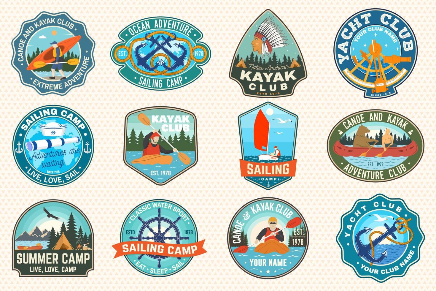 Set of sailing camp, canoe and kayak club patches. Vector. Concept for shirt, print, stamp. Design with sea anchors, hand wheel, sail boat and river, kayaker silhouette. Extreme water sport. vector