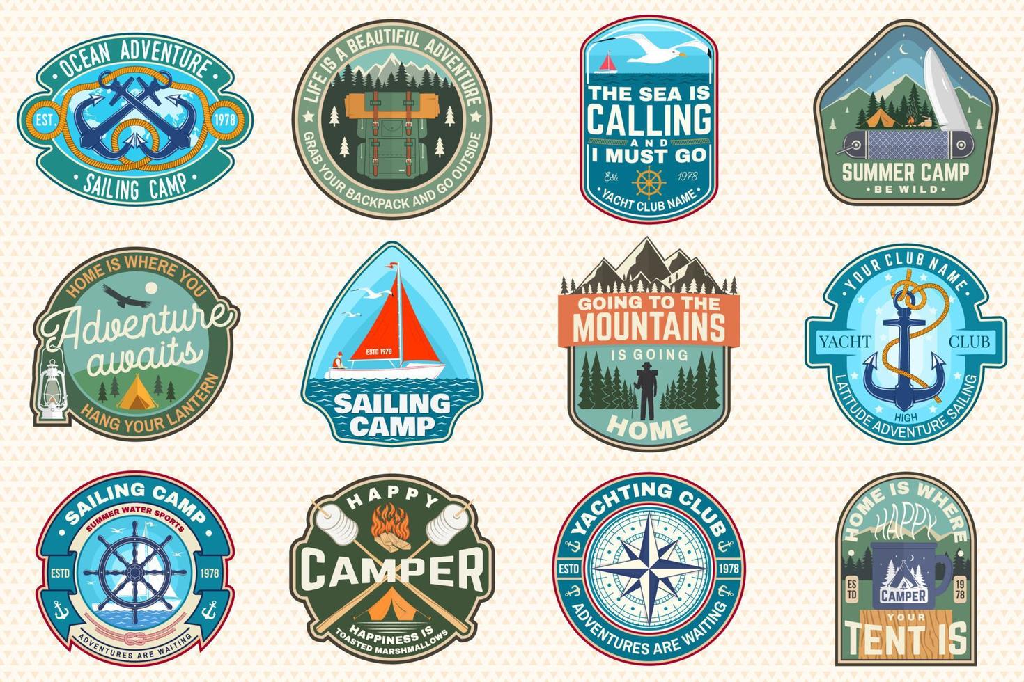 Set of sailing camp and summer camp patches. Vector. Concept for shirt, print, stamp or tee. Design with sea anchors, hand wheel, sailboat , camping tent and campfire silhouette. vector