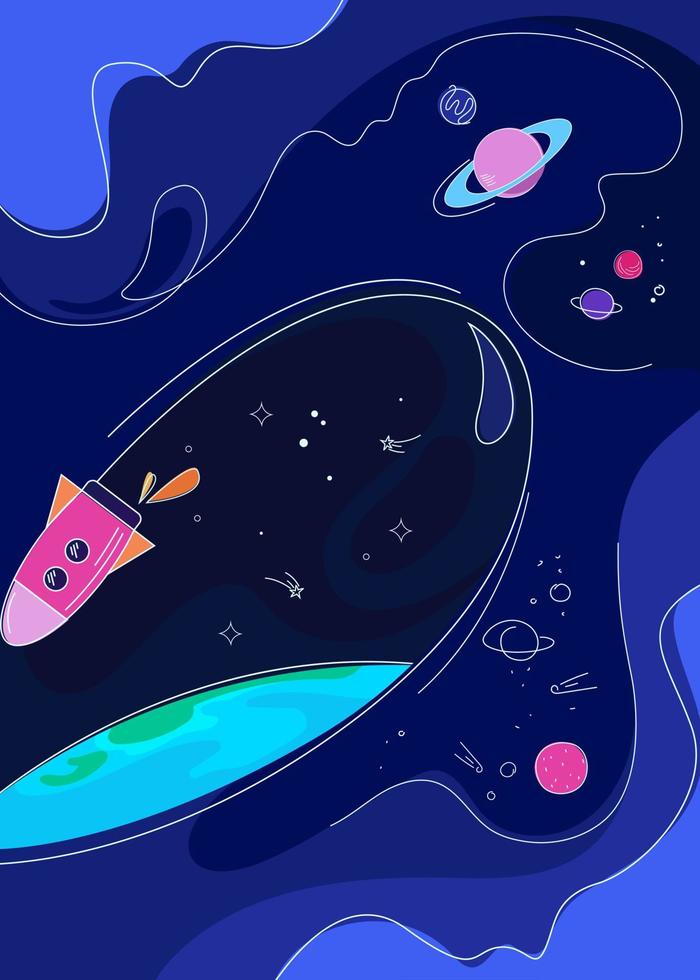 Banner with rocket in space. Placard design in doodle style. vector