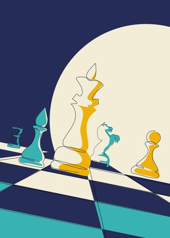 Poster with chess pieces on the board. Placard design in doodle style. vector