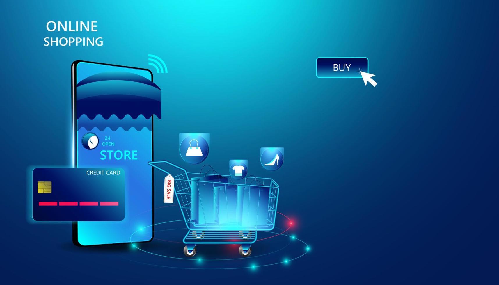 Abstract online shopping concept Online shopping Via equipment Click through the website. And pay by credit card Modern innovation In the spending of people on the internet vector