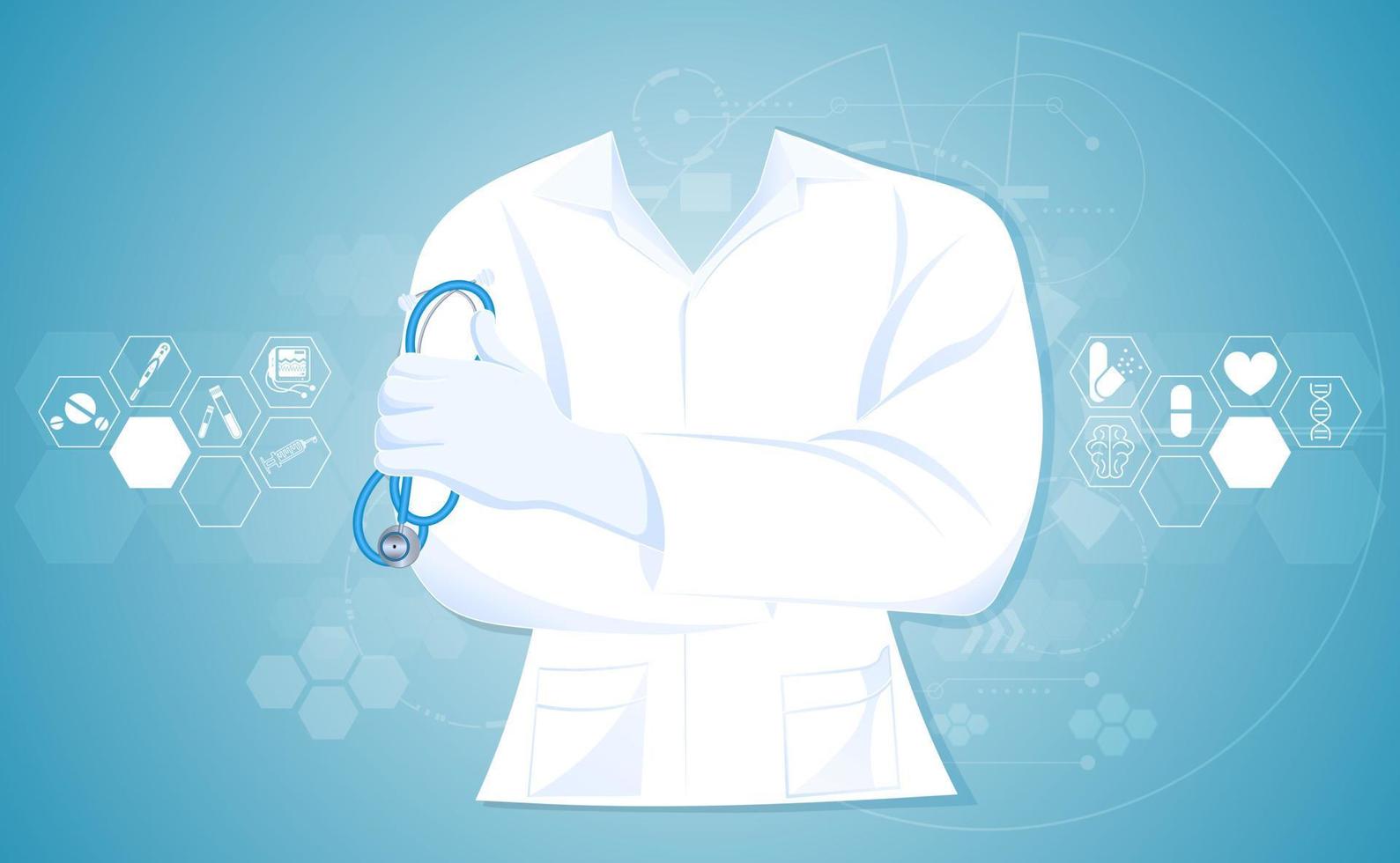 Abstract doctor close up in hospital gown lab coat uniforms with holding stethoscope concept health and medical on blue background. vector