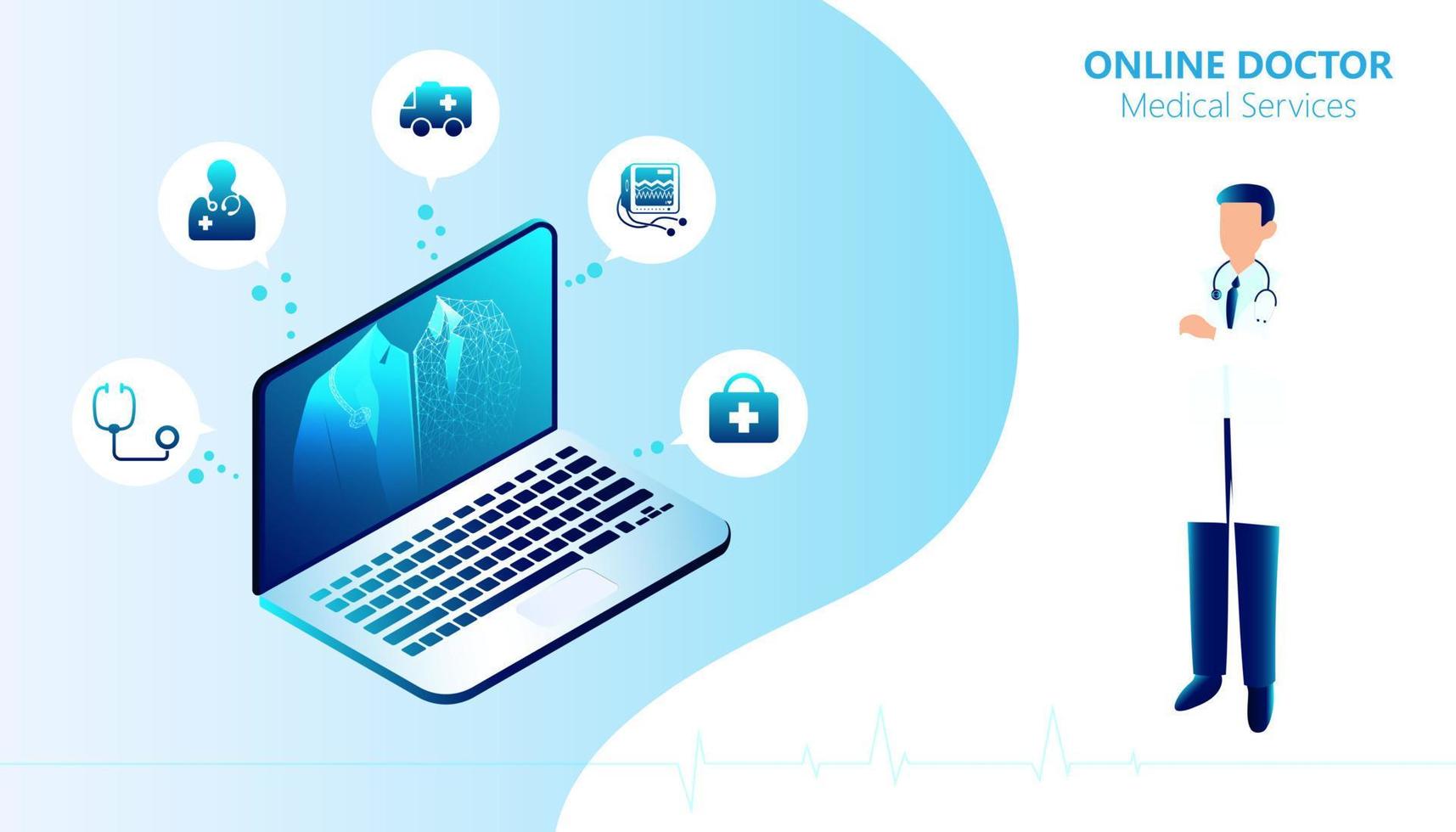 Abstract Online Doctor Medical Services concept Using the internet or online to consult a doctor Or requesting medical advice Via various devices such as mobile phones, tablets, computers. vector