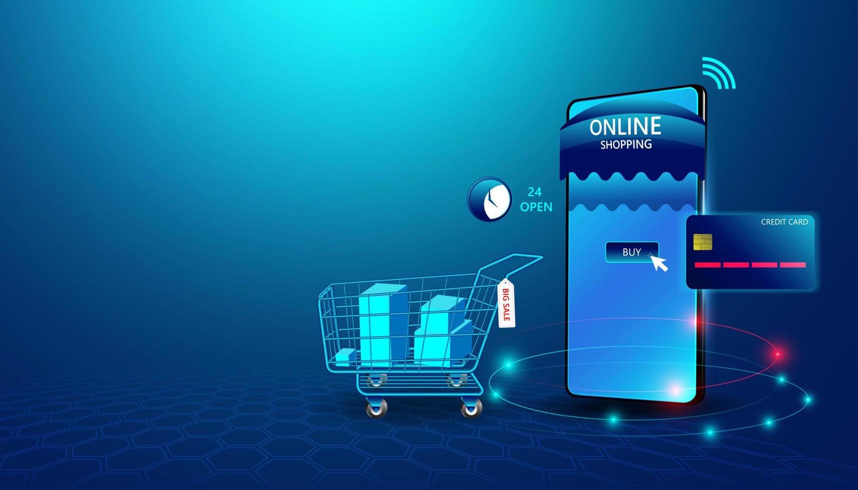 Abstract online shopping concept Online shopping Via equipment Click through the website. And pay by credit card Modern innovation In the spending of people on the internet vector