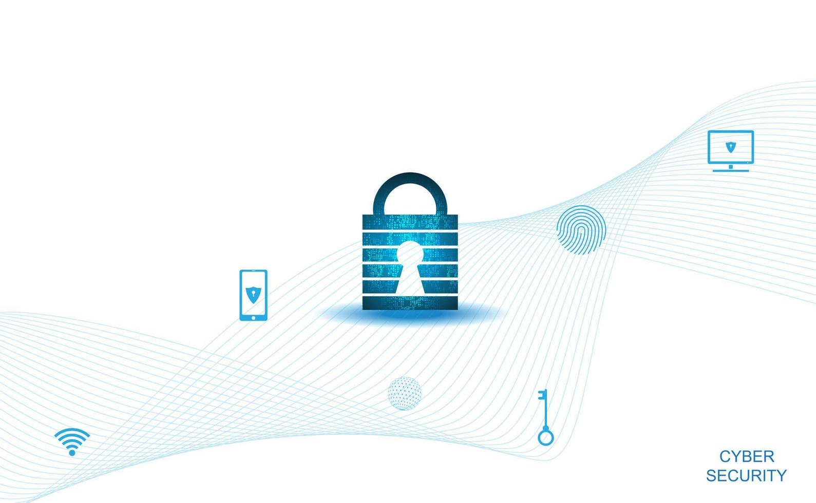 Abstract Cyber security with padlock blue on white and icon technology Future cyber background. vector