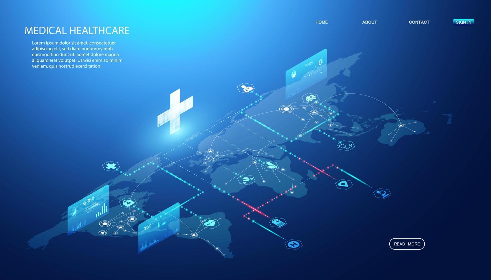 concepto abstracto de servicios médicos de salud en línea que vincula la información de salud en todo el mundo con la investigación y encuentra formas de desarrollar innovaciones de salud en el tratamiento de enfermedades, medicamentos y vacunas. vector