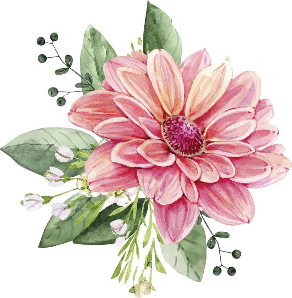 Bouquet with pink chrysanthemum flower and green plants watercolor illustration, hand painted. vector