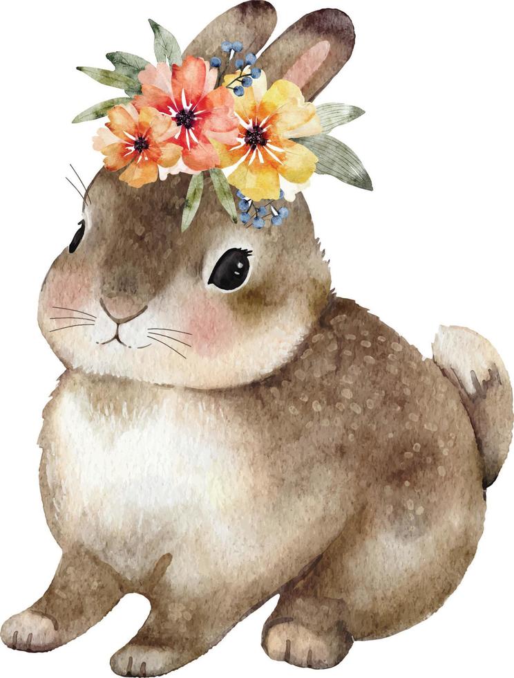 Cute brown rabbit with a wreath of flowers on his head, hand-colored watercolor illustration. vector