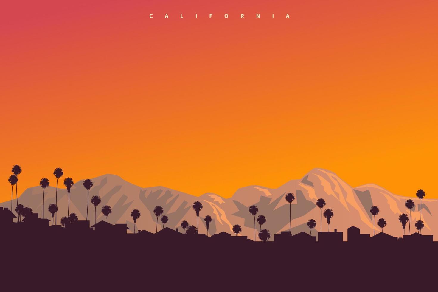 Picturesque sunset somewhere over California, USA. Original postcard style vector illustration