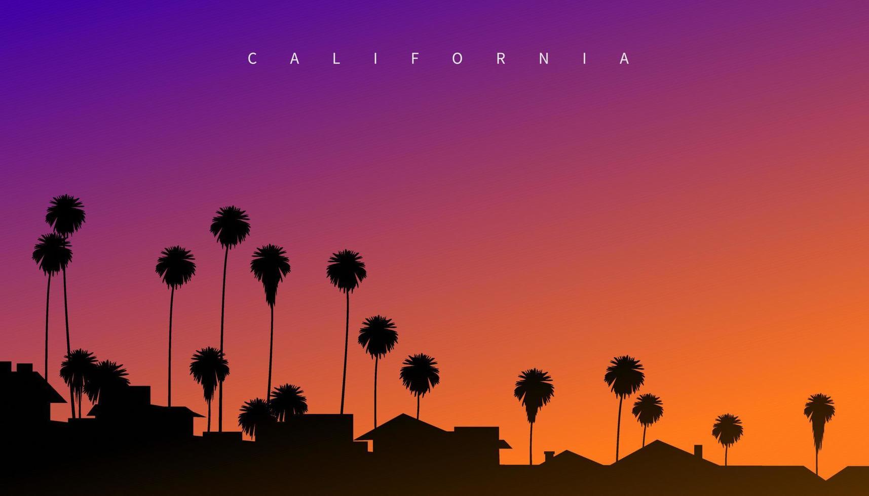 hermosa puesta de sol en algún lugar de california, estados unidos. ilustración vectorial creativa de estilo postal con cielo nocturno, palmeras y silueta de mansiones en primer plano vector