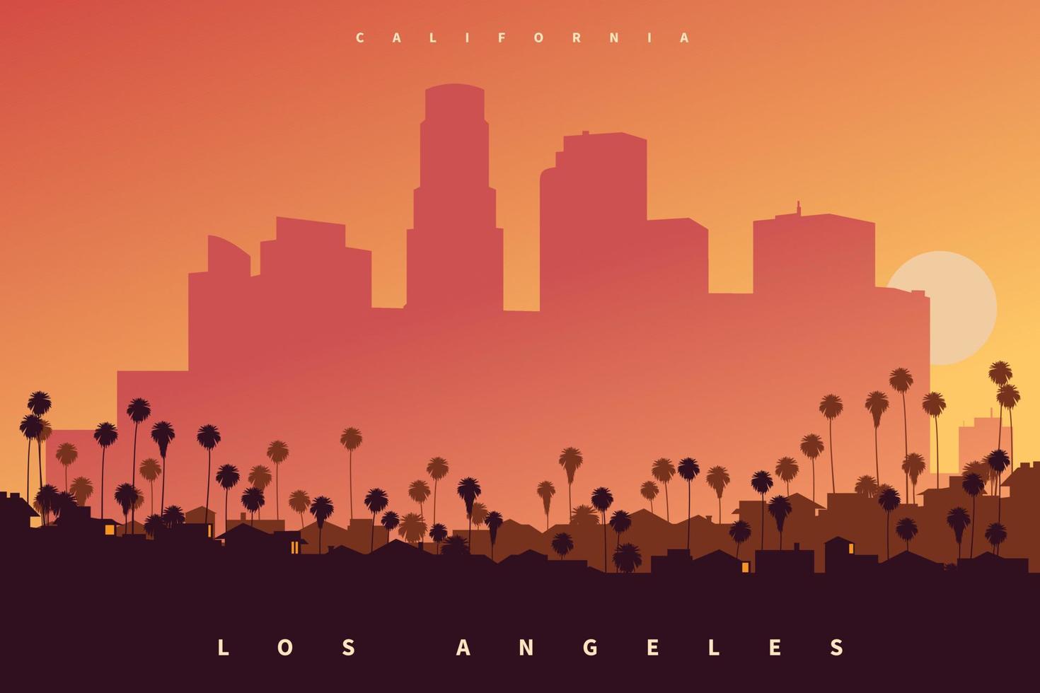 Downtown Los Angeles skyline at sunset, California, USA. A poster style creative vector illustration