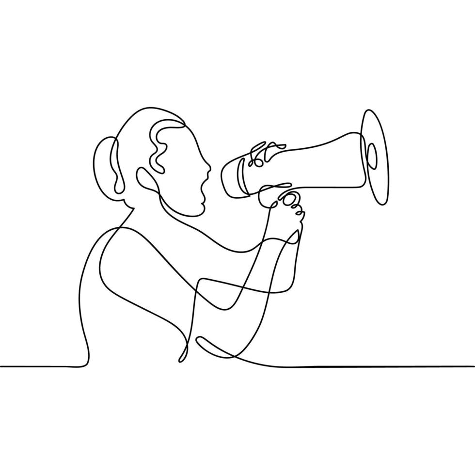 A woman holding a megaphone is drawn in a single continuous line vector