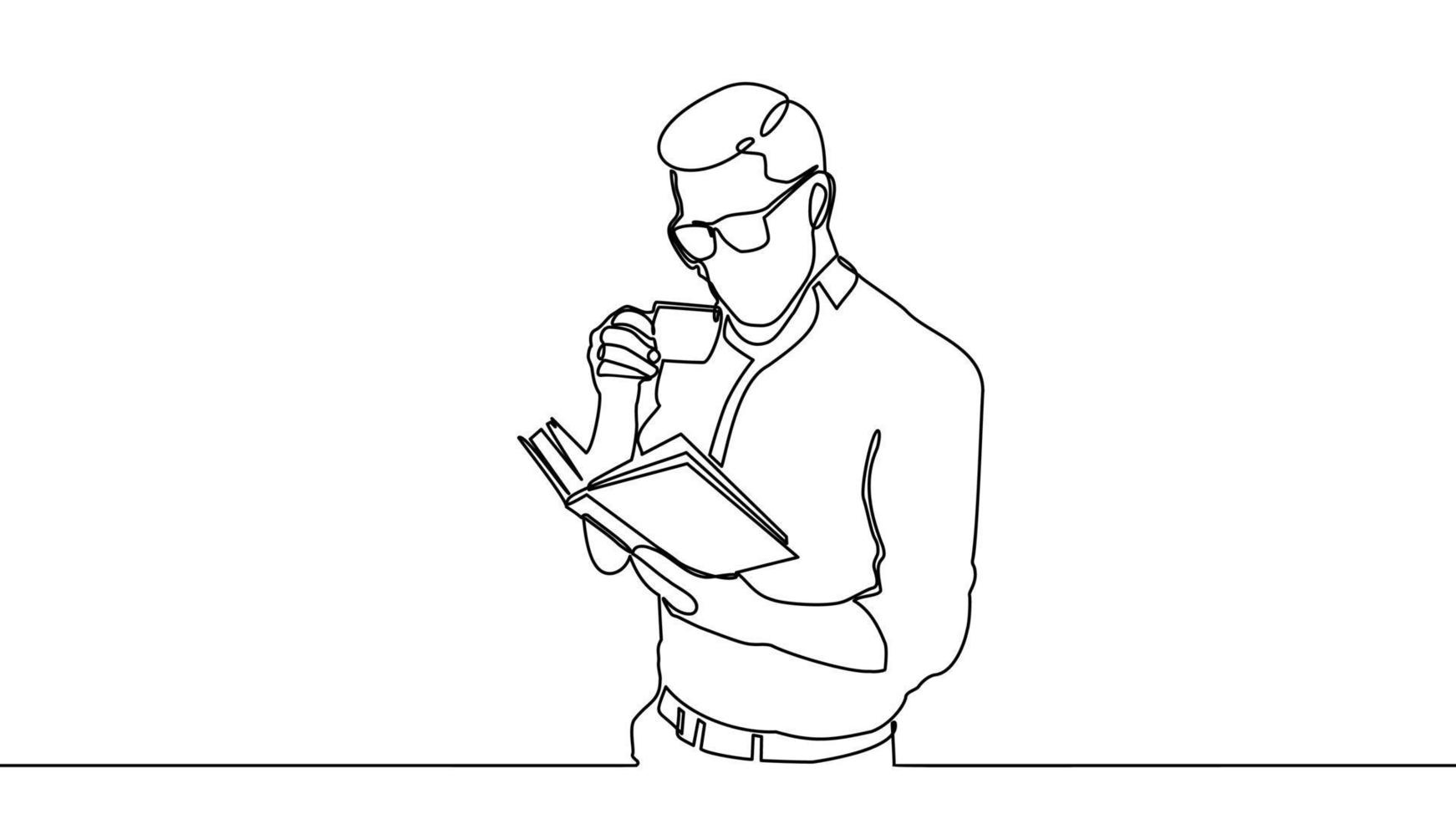 Continue with the line art.  A man wearing eyeglasses reads a book and drinks a cup of coffee. vector