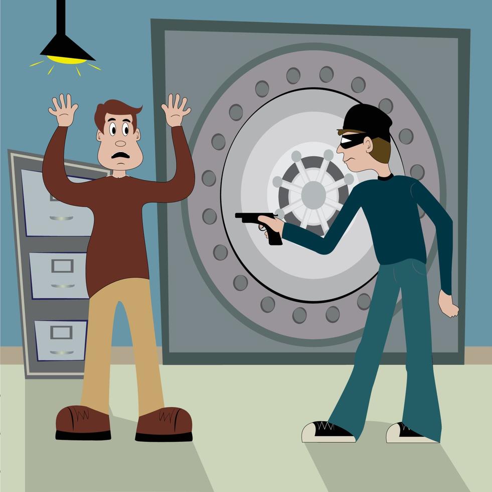 robbery of bank vault with robber and bank employee vector