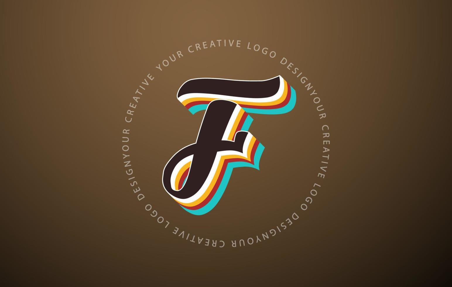 Letter F logo with retro pop art design. Handwritten letter with vintage typeface and rounded text frame. vector