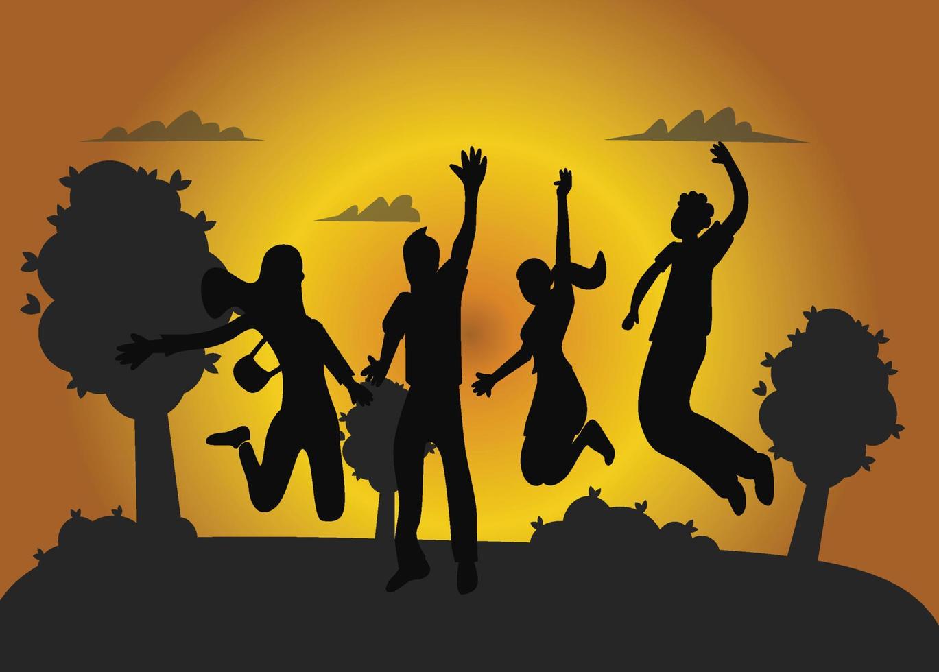 Silhouettes of friends jumping in the sunset vector