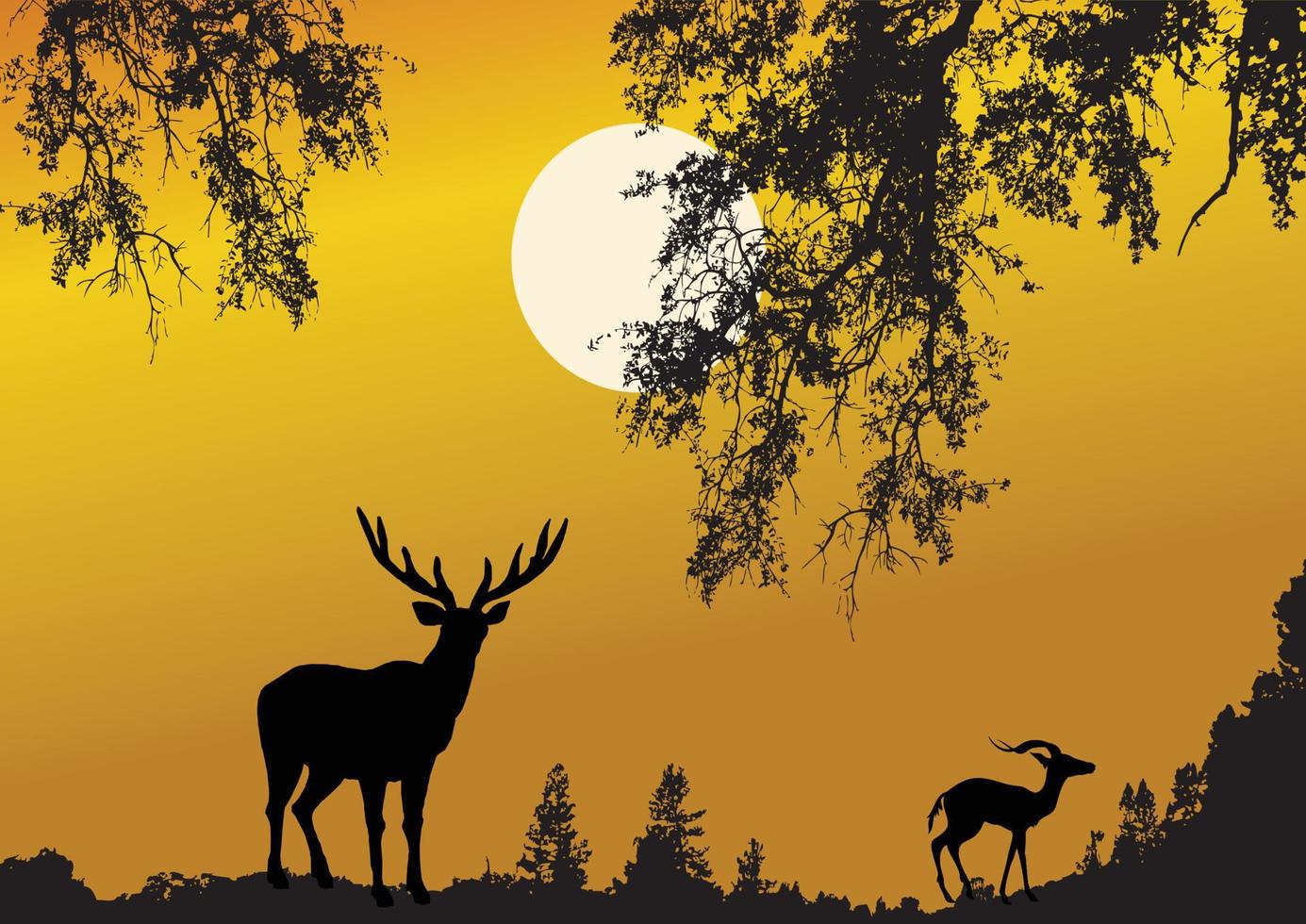 Silhouette two reindeer at sunset vector
