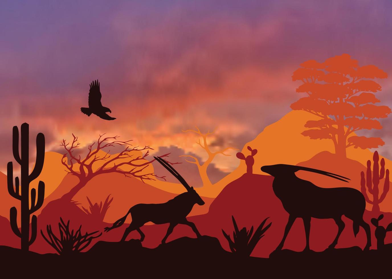 Chamois in silhouette on a mountain ridge at sunset vector