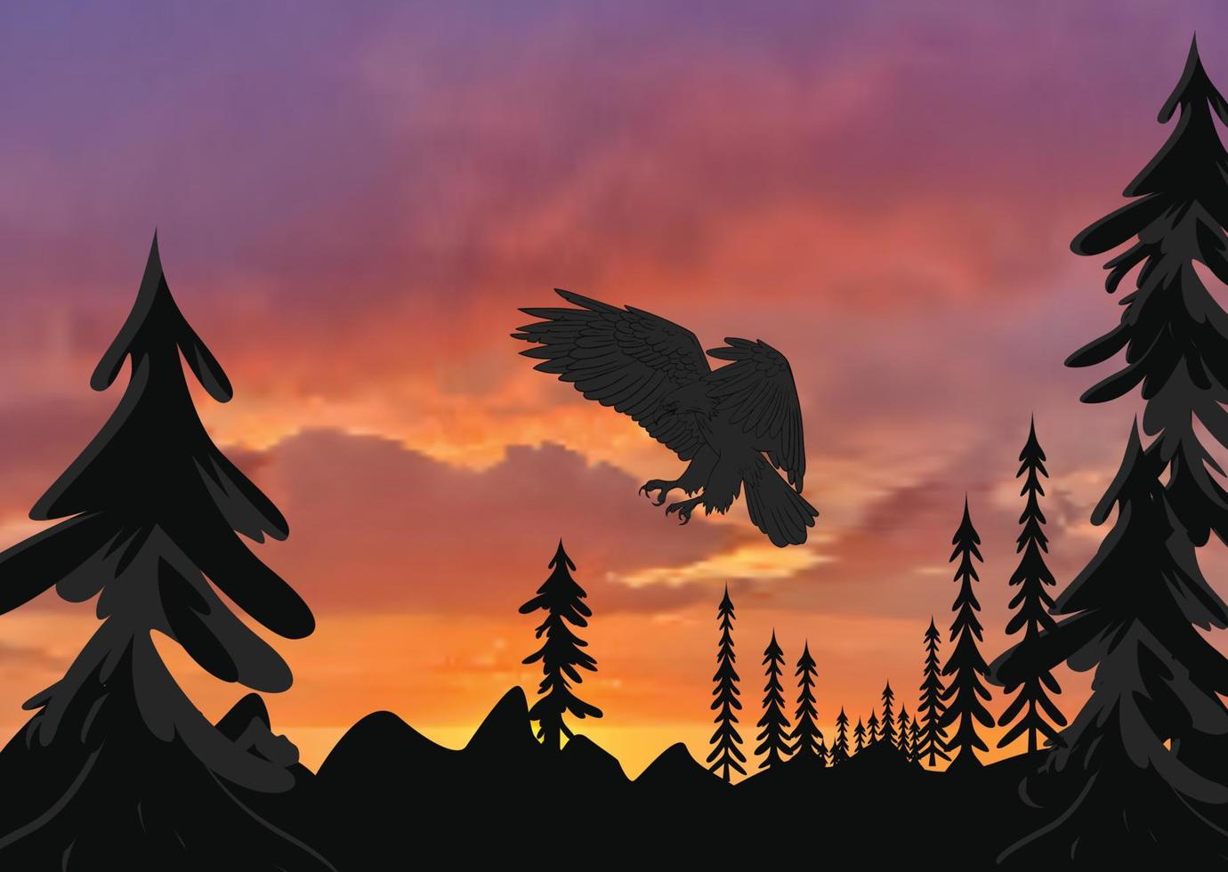 silueta de un águila calva volando a través de las copas de los árboles vector