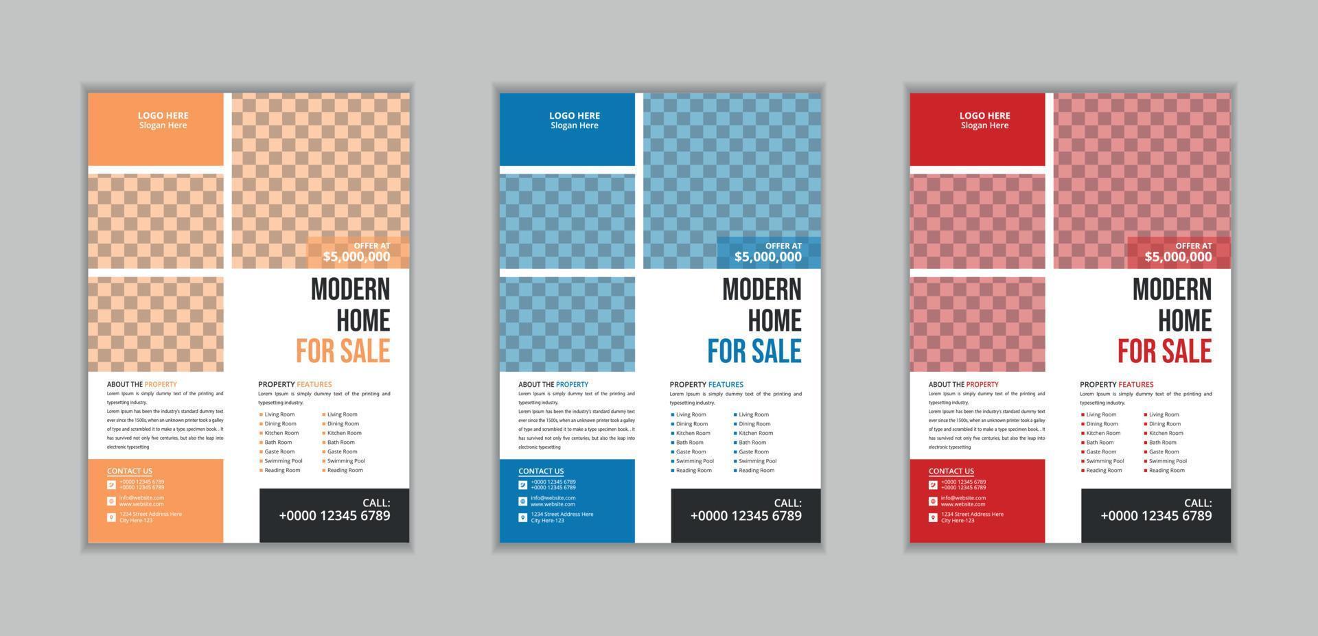 Professional Unique Real Estate Flyer Template for Multipurpose Use with Three Color Variations vector