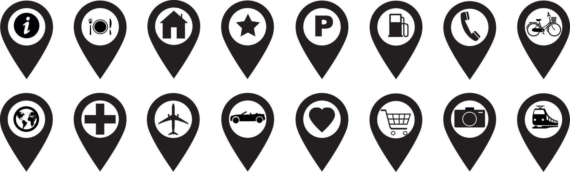 Set pointers, parking, restaurants, hospitals, supermarkets, telephones, stars, terminals, hotels, stations, bicycles, heart, camera house, airplane. Location icon map pin pointer. Navigation pointer vector