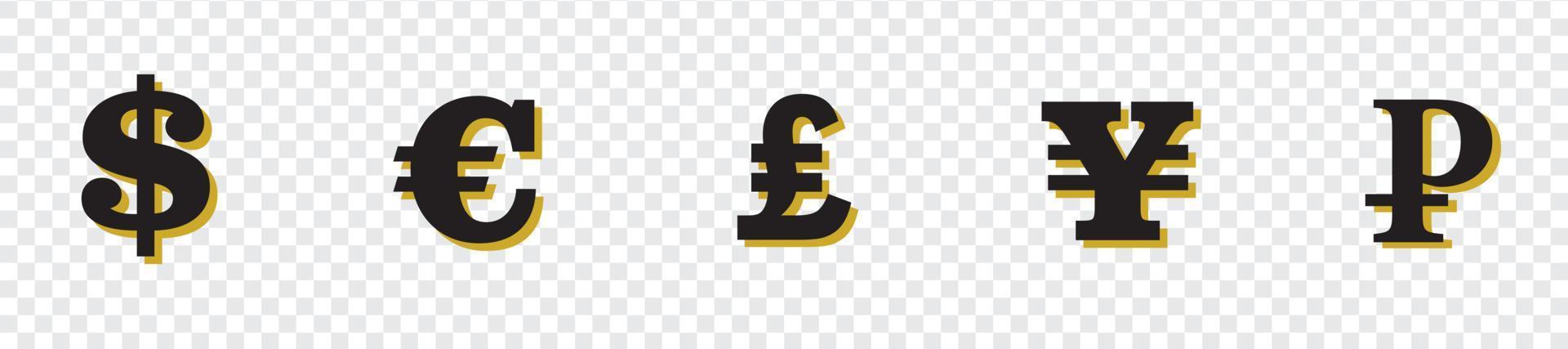 Currency icon. Vector isolated icons or signs. Dollar yuan euro pound rubles signs or symbols. Finance, business currency exchange. Money currency icon. Black vector currency elements.