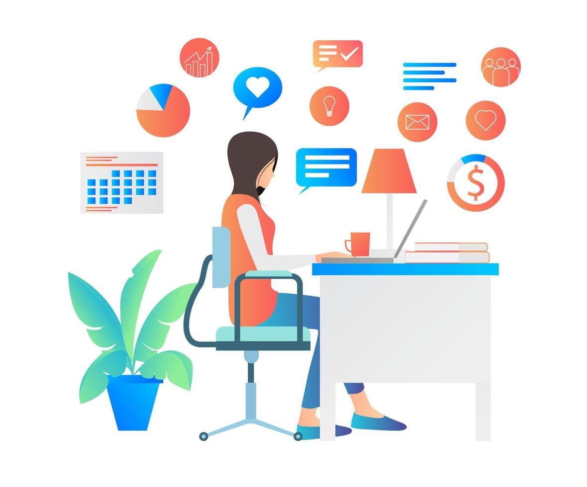 Flat illustration of woman working in office with laptop vector