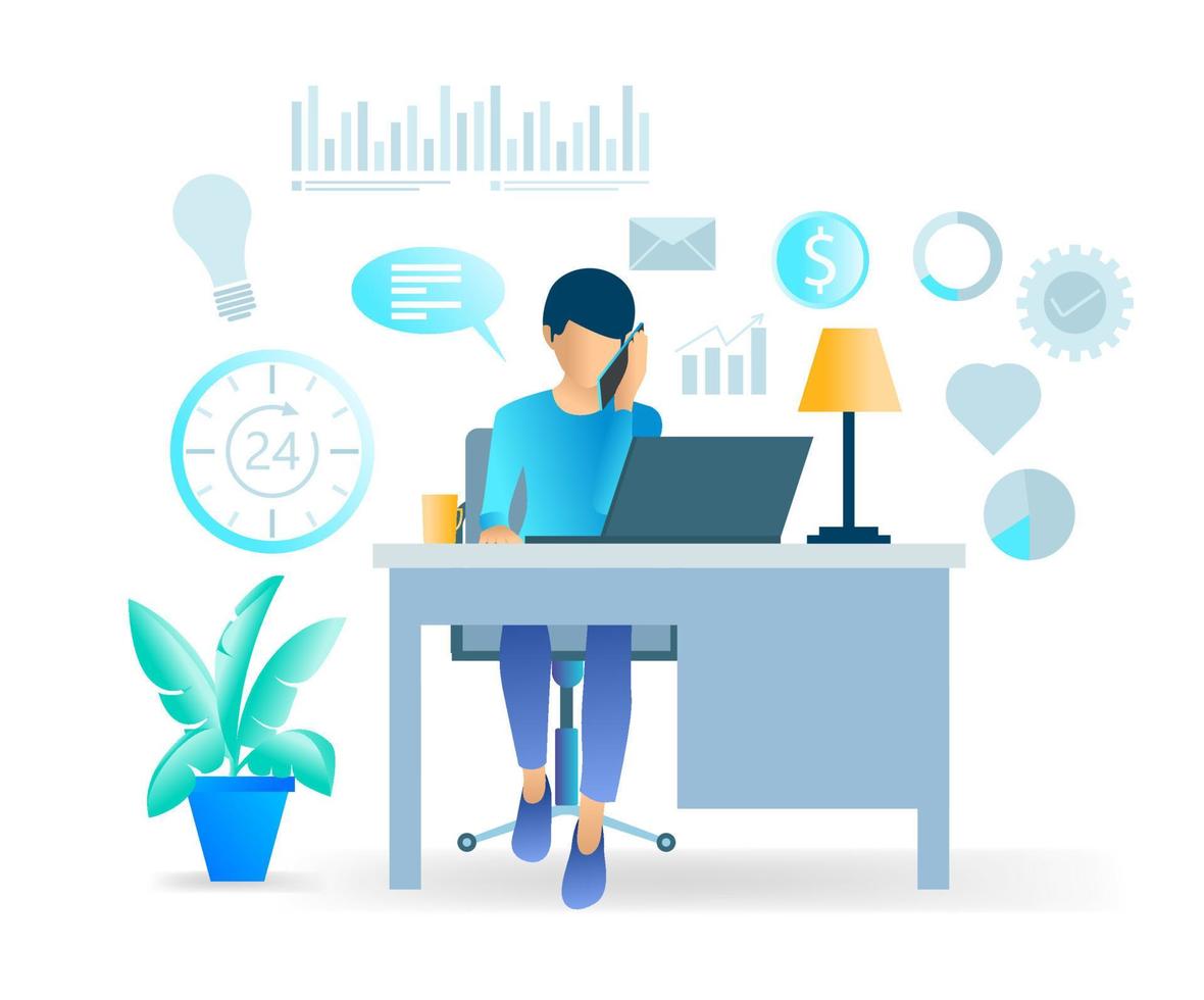 Flat illustration of man in front of laptop holding smartphone vector