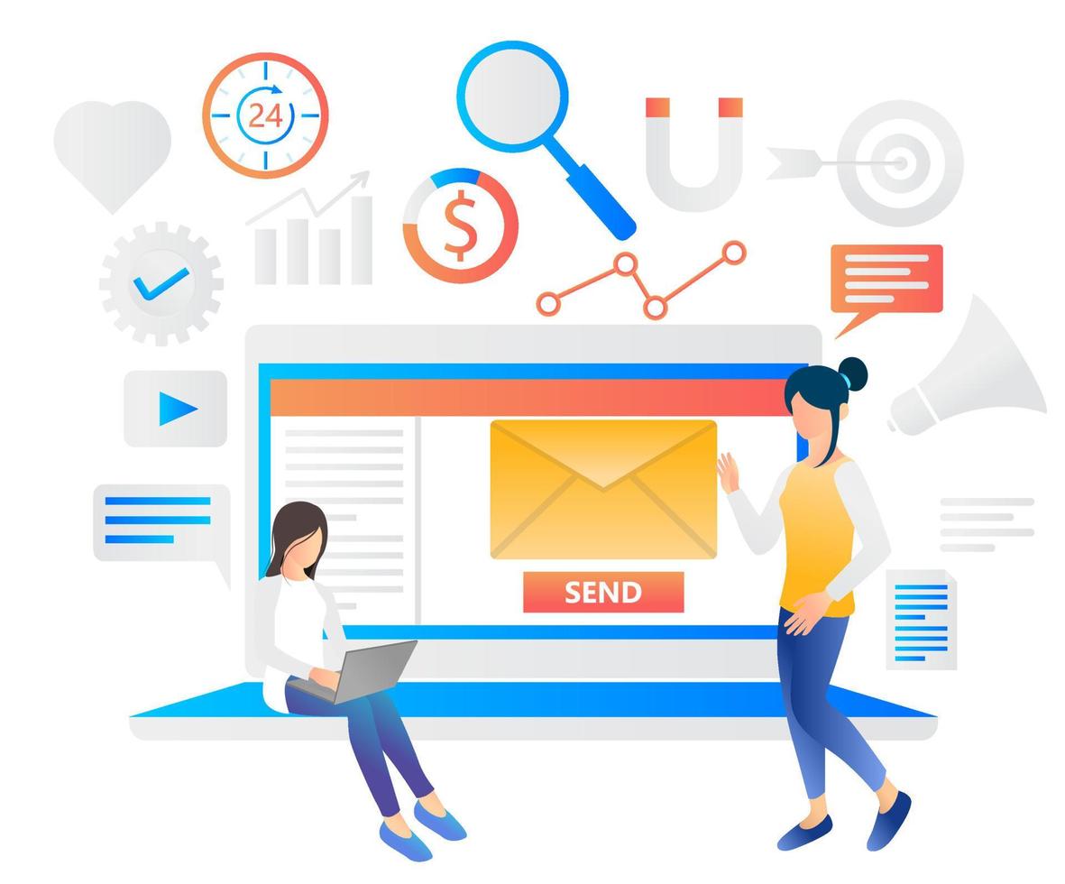 Ilustrasi datar email marketing bekerja 24 jam vector