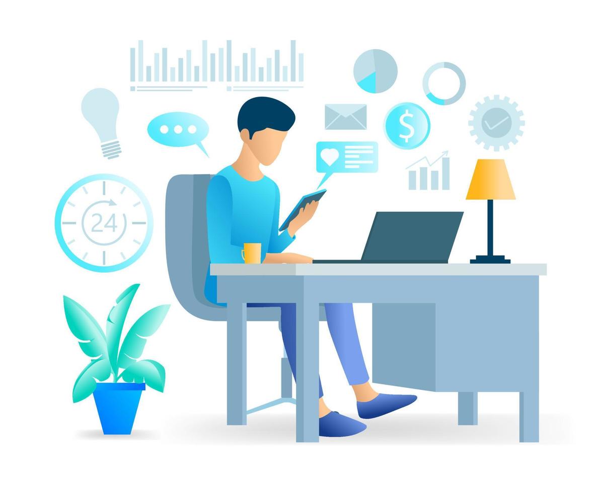 Flat illustration of man in front of laptop holding smartphone vector