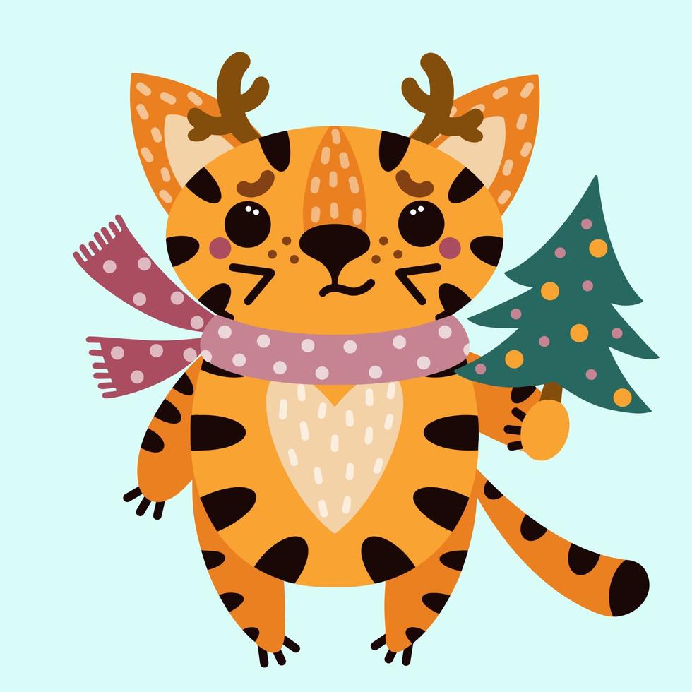 Cute cartoon striped tiger. Isolated icon on white background. Animal with deer horns and a Christmas tree. The cat in the scarf. Symbol 2022. Hand-drawn kitten. Flat style. New year illustration vector