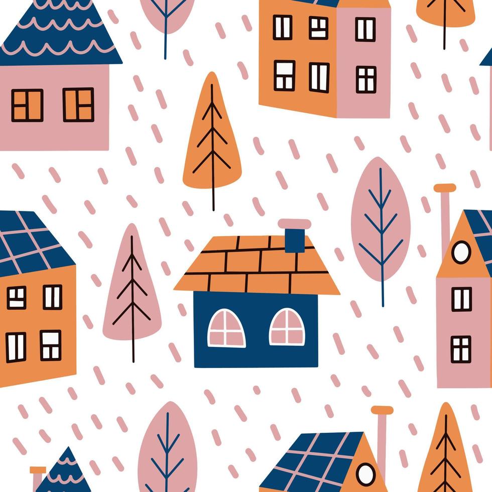 Cute cozy houses seamless vector pattern. Illustration in Scandinavian style on a white background. Colorful little buildings among the trees. Rustic primitive. Hand-drawn doodle. Flat style.