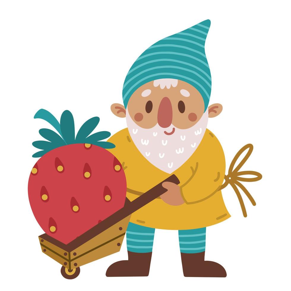 Little garden gnome with strawberry vector icon. Hand drawn illustration isolated on white background. Cute old dwarf harvesting, transporting red berry in a cart. Flat cartoon style
