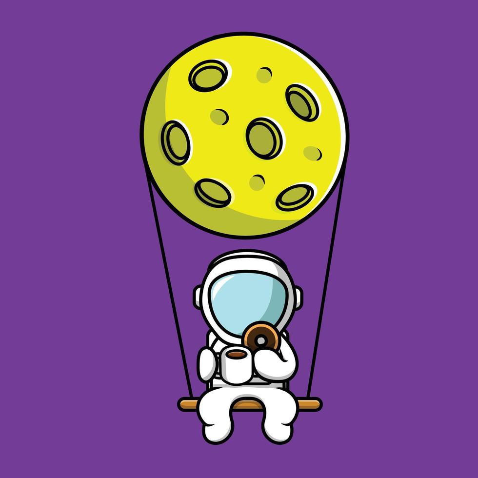 Cute Astronaut Swing On The Moon With Eat Doughnut And Drink Hot Coffee Cartoon Vector Icon Illustration. Science Food Icon Concept Isolated Premium Vector. Flat Cartoon Style