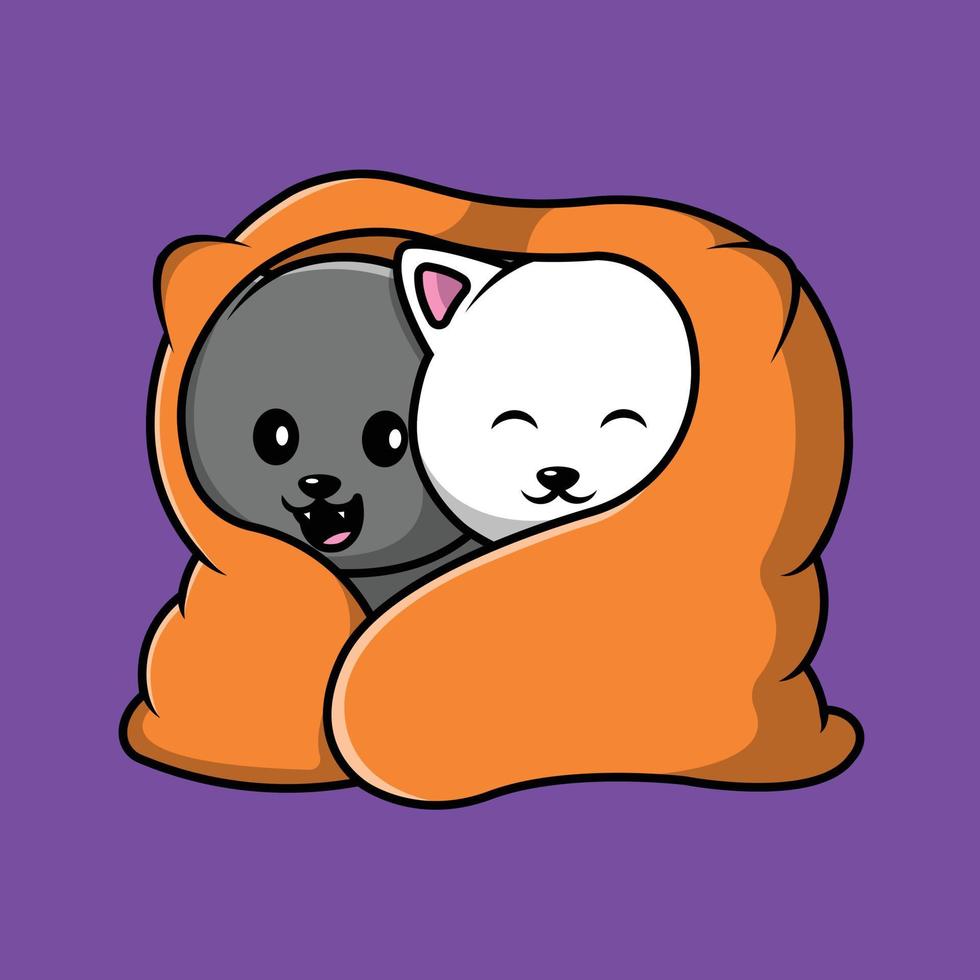 Cute Cat Couple Hiding On Blanket Cartoon Vector Icon Illustration. Animal Icon Concept Isolated Premium Vector. Flat Cartoon Style