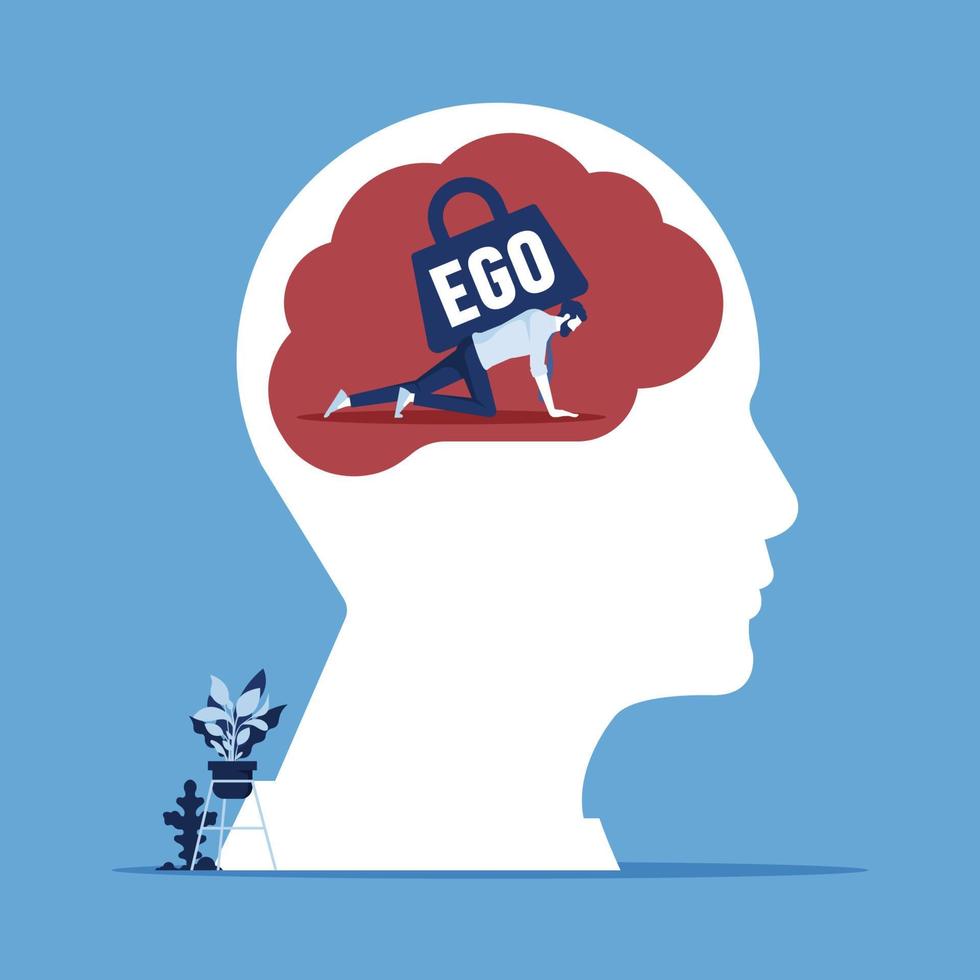 Businessman can barely crawl with a heavy load called ego on his back, the concept of the ego as a habit interfering with a full life vector