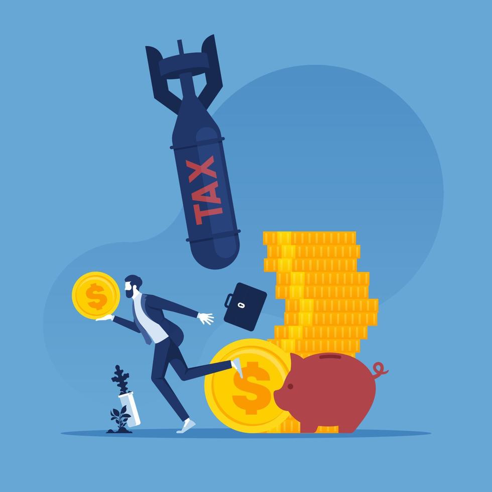 businessman who carry money coin run away from dropping tax bombs. Business financial concept vector