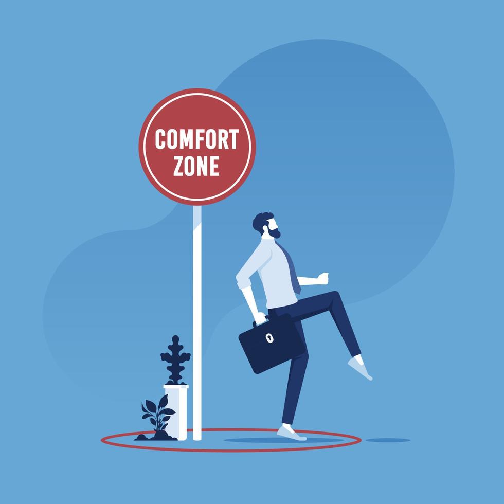 Exit from the comfort zone concept, businessman carefully stepping out of a comfort zone vector