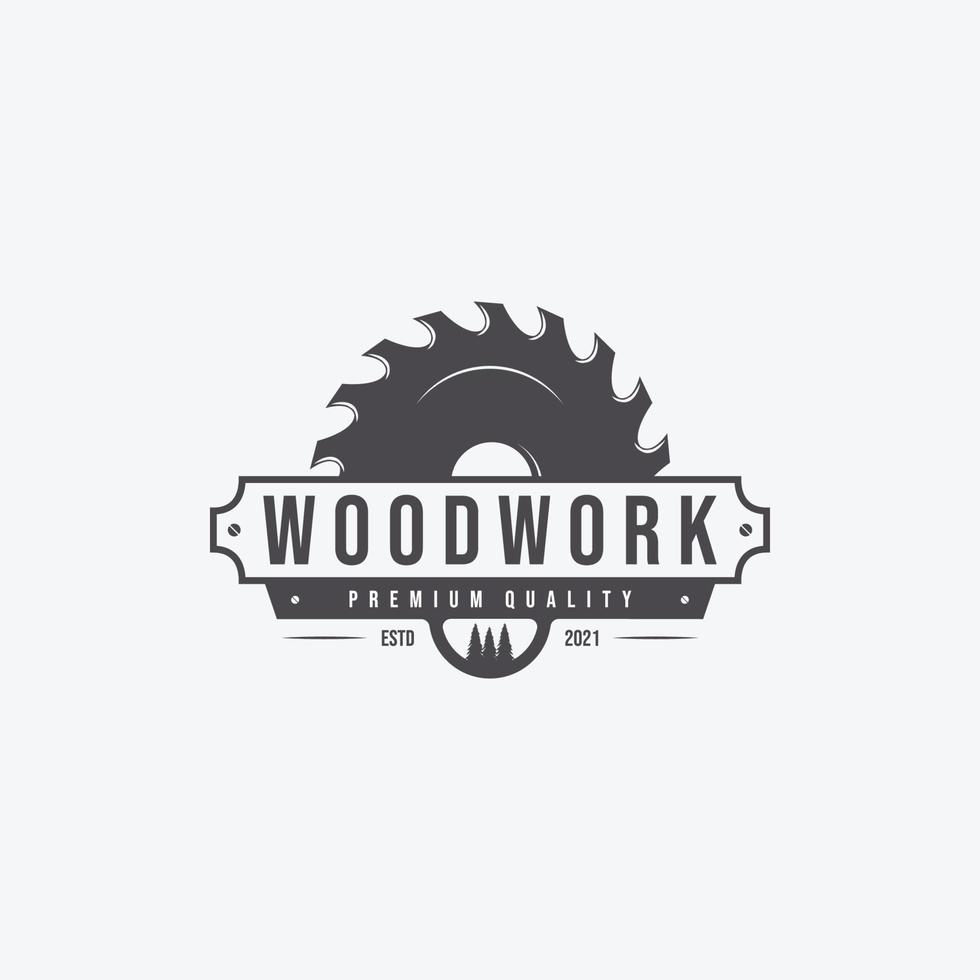 Ilustración vectorial del logotipo de sierras de madera, diseño de concepto de carpintería, carpintería vintage hecha a mano, elaboración por sierras de madera y máquina vector