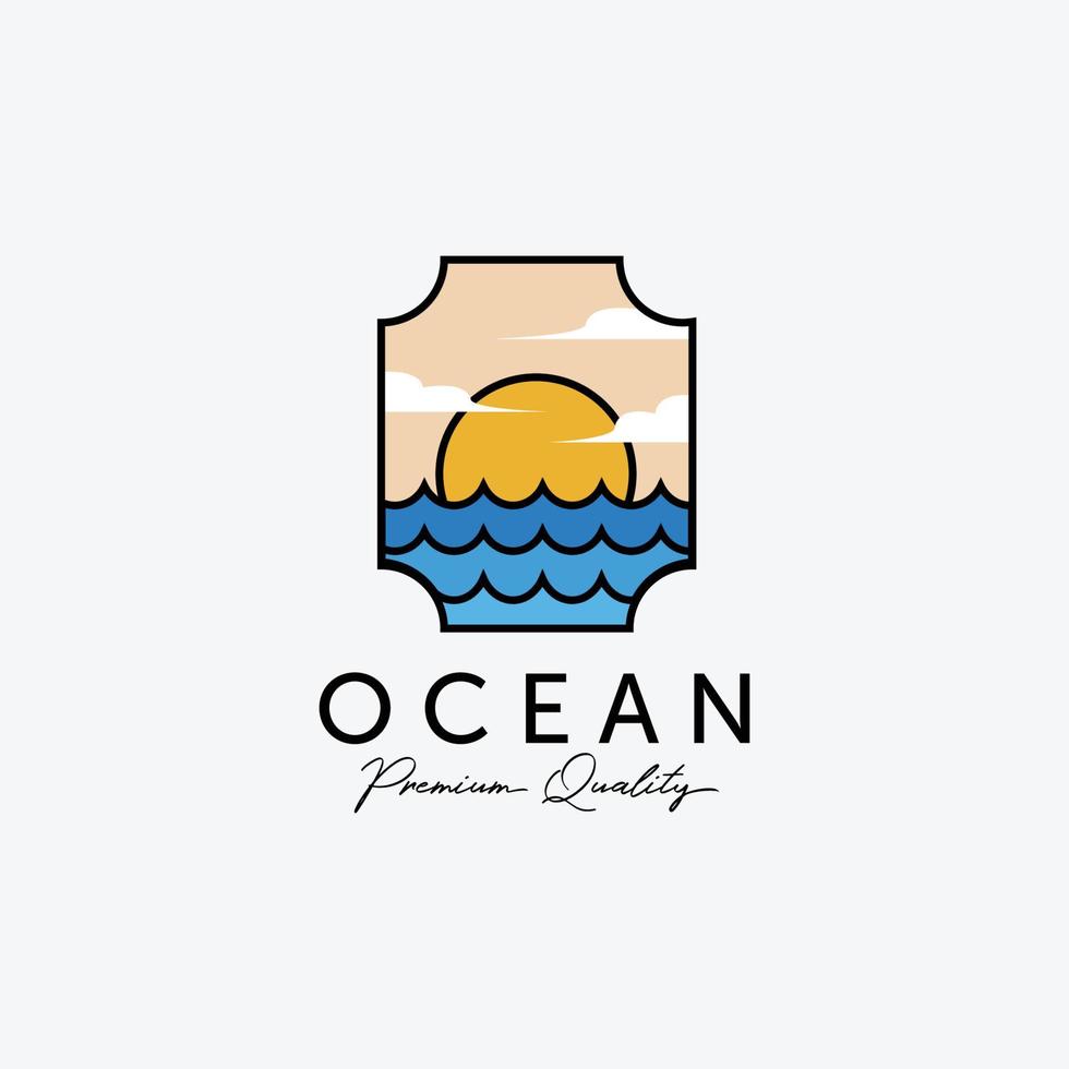 Label of Ocean Sunset Sunrise Line Art Logo, Illustration Design of Atlantic Marine, Horizon Vector Concept