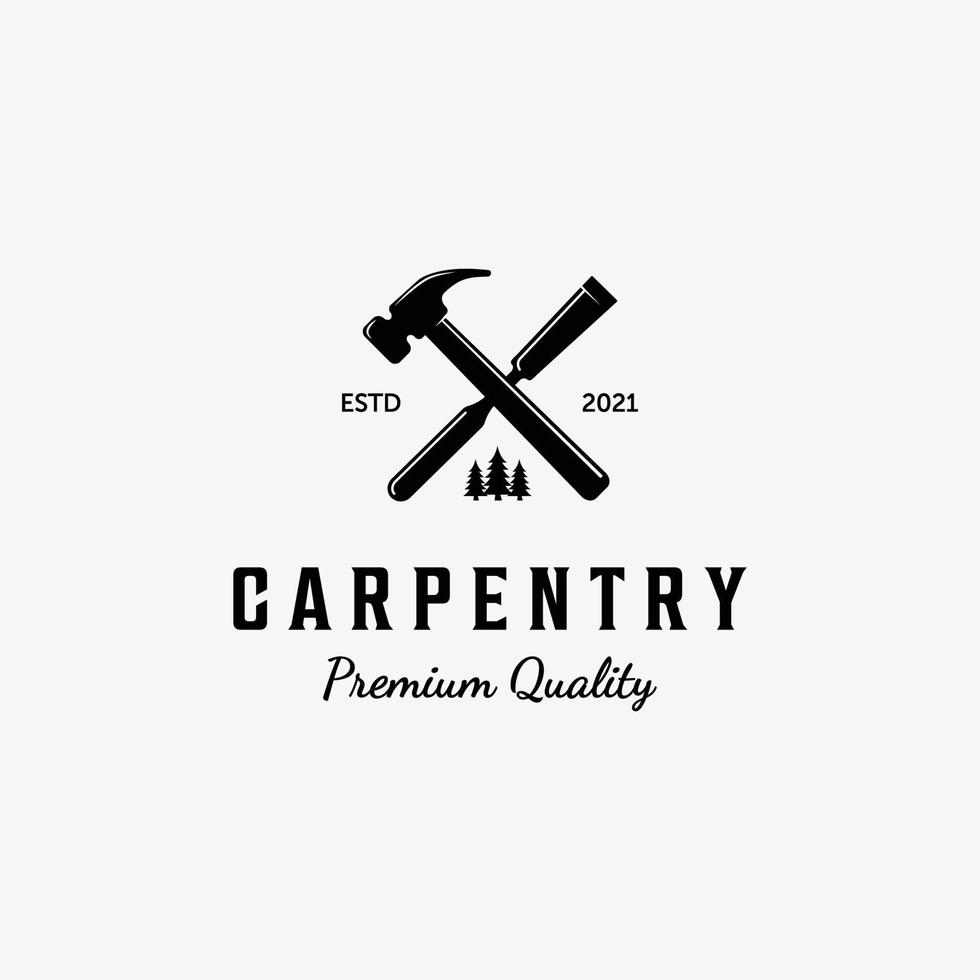 Design of Carpentry Logo Vector, Handcraft Concept with Hammer and Chisel, Vintage Illustration of Wood working vector