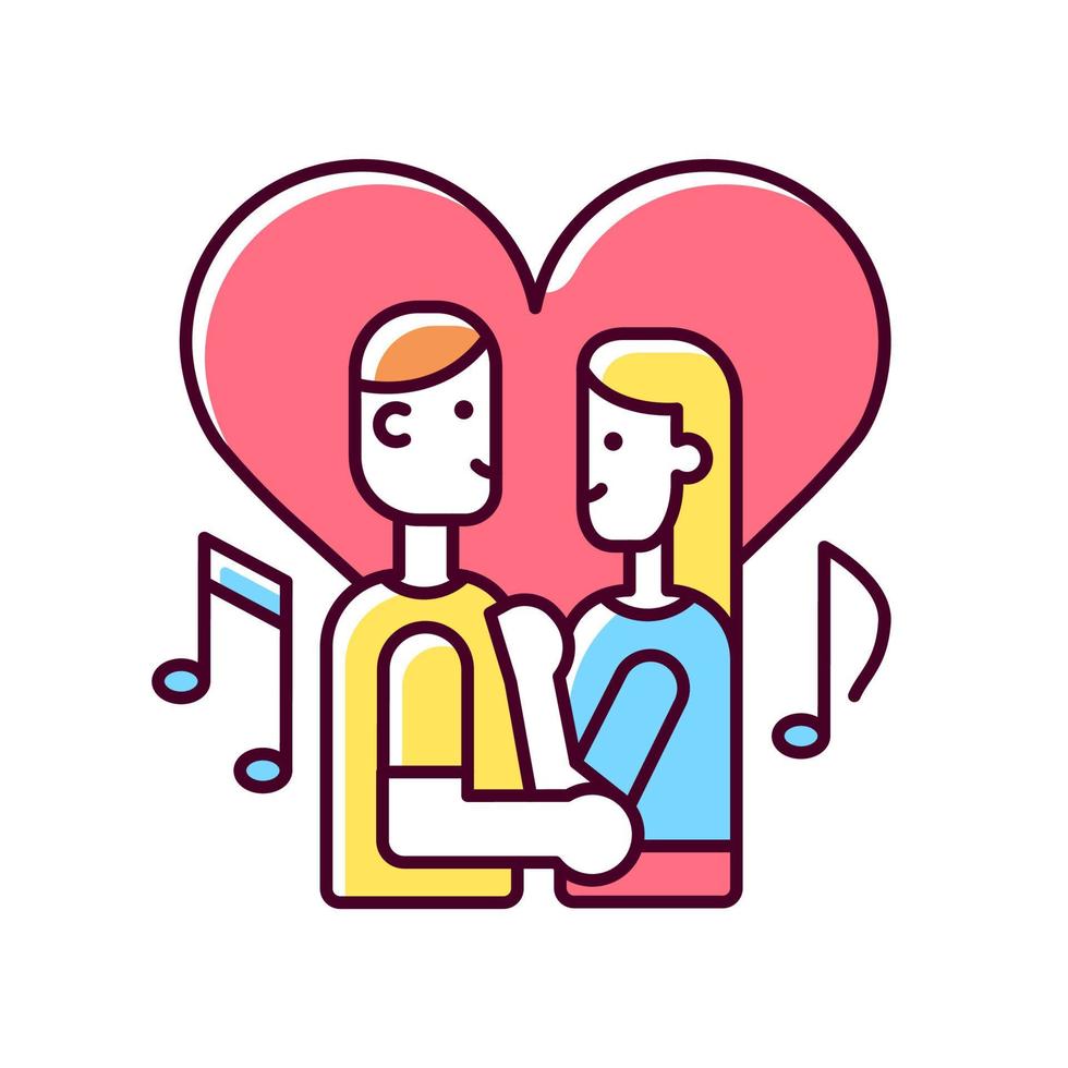 Couple dancing RGB color icon. Married young people slow dancing. Dance lesson for couple. Party activities for lovers. Man and woman dancing. Isolated vector illustration. Simple filled line drawing