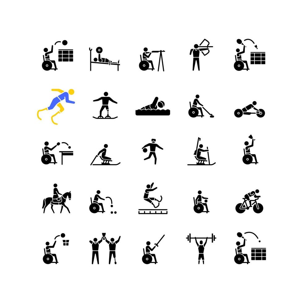 Sport competition black glyph icons set on white space. Professional competitive event. Athletes and sportsmen with disability. Silhouette symbols. Vector isolated illustration collection