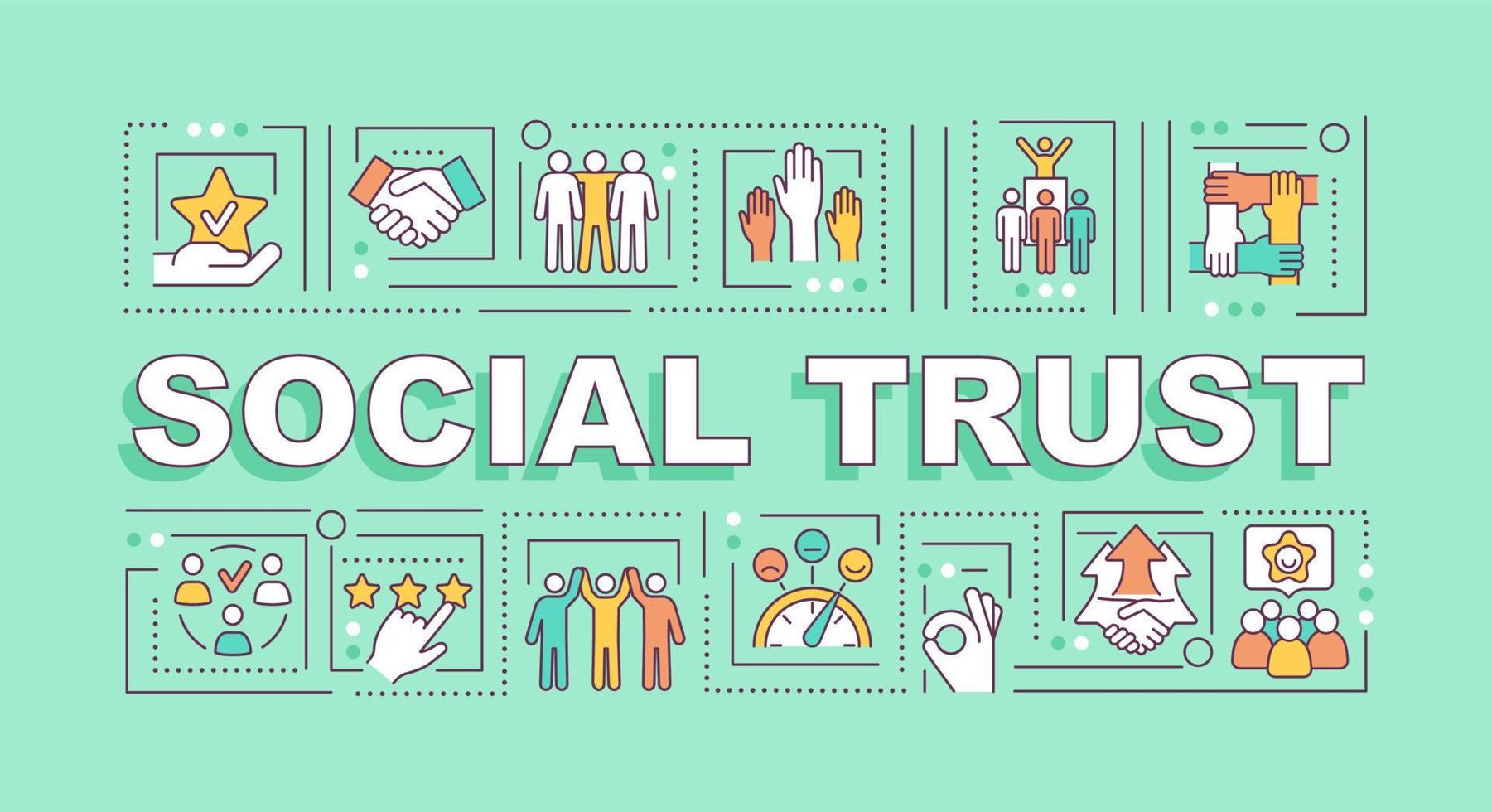 Social trust word concepts banner. Community relationship. Infographics with linear icons on mint background. Isolated creative typography. Vector outline color illustration with text